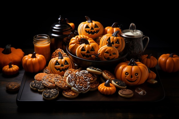 Galletas de chocolate de Halloween y Jack O Lantern con sombrero de bruja Concepto de Halloween encima de la mesa