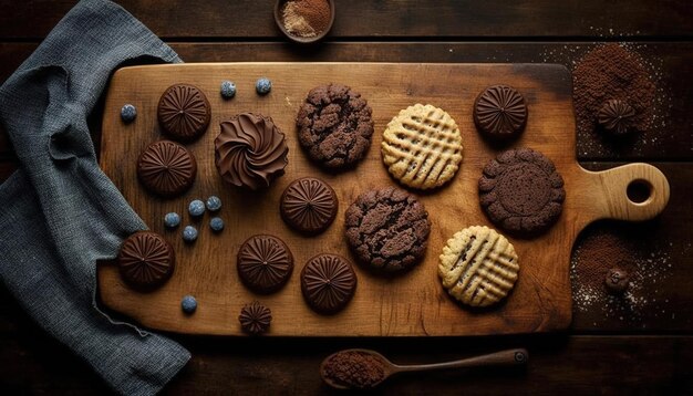 Galletas de chocolate horneadas en casa exhibidas verticalmente en una tabla de madera