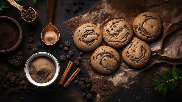 Galletas de chocolate marrón con chispas de chocolate sobre fondo oscuro Foto de alta calidad