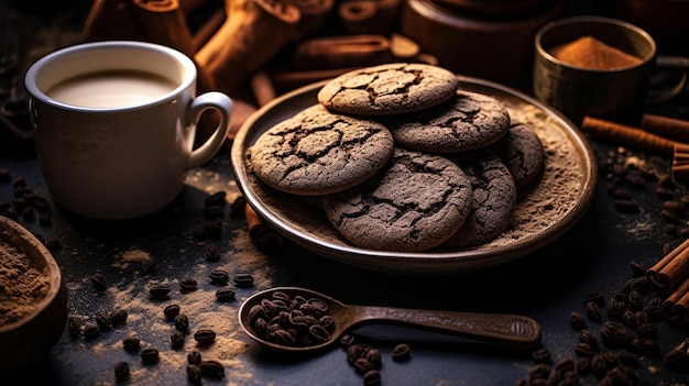 Galletas de chocolate marrón con chispas de chocolate sobre fondo oscuro Foto de alta calidad