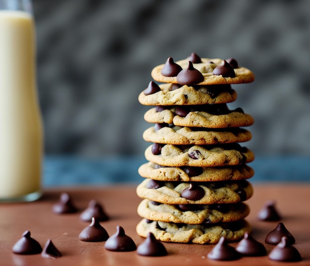 Galletas de chocolate con nueces y leche sobre un fondo de madera