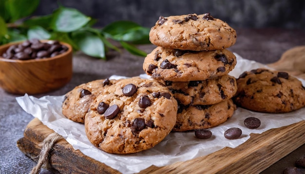 Galletas de chocolate en papel de hornear en una tabla de madera