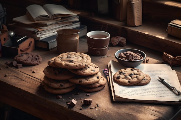 Galletas de chocolate en el primer plano de la mesa de madera Red neuronal AI generada