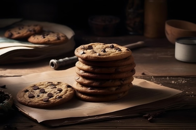 Galletas de chocolate en el primer plano de la mesa de madera Red neuronal AI generada