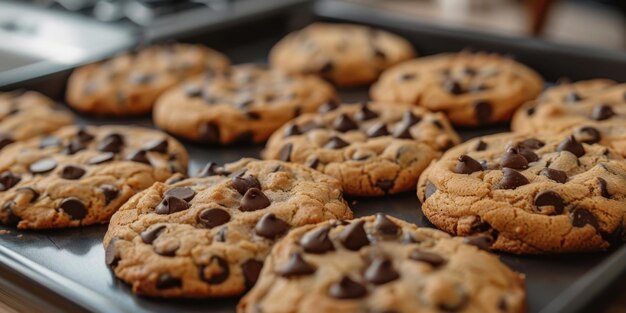 Galletas de chocolate recién horneadas en la bandeja