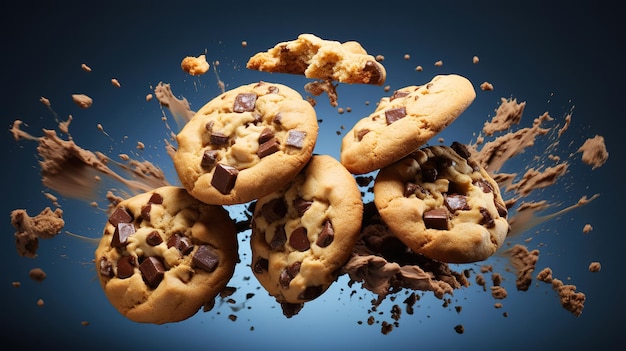 Las galletas de chocolate rotas que caen aisladas sobre un fondo blanco con una ruta de recorte Generativo Ai