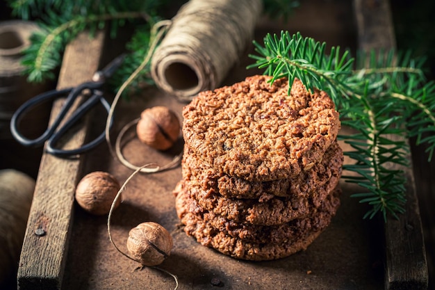 Galletas de chocolate tradicionalmente y dulces con abeto y nueces