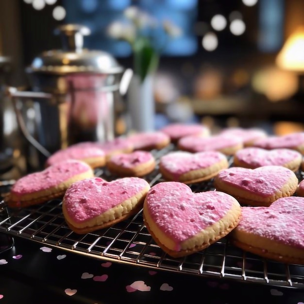 Las galletas de corazón rosa se enfrían en una sartén y un estante