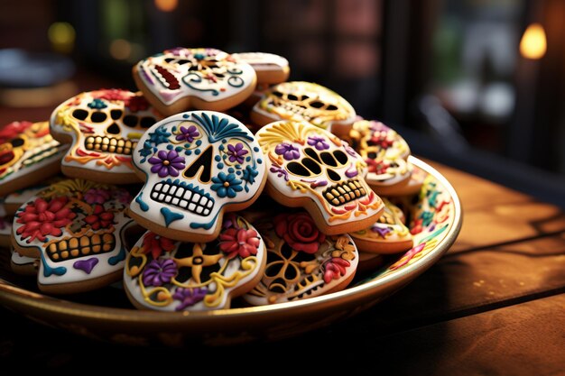 Las galletas de cráneo de azúcar de Dia de los Muertos se muestran en un 00115 01