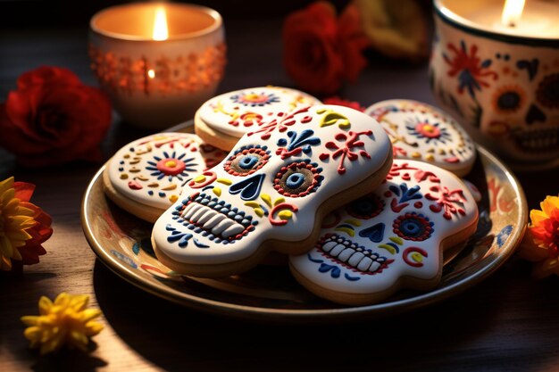 Las galletas de cráneo de azúcar de Dia de los Muertos se muestran en un 00118 02