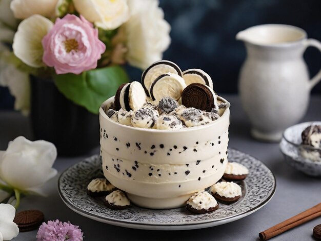 Foto galletas y cremas pastel en platillo de cerámica cerca de la flor