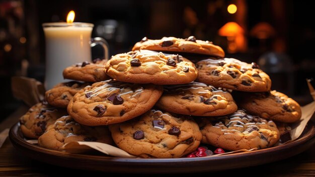 galletas crujientes con chocolate en un plato con fondo negro y borroso