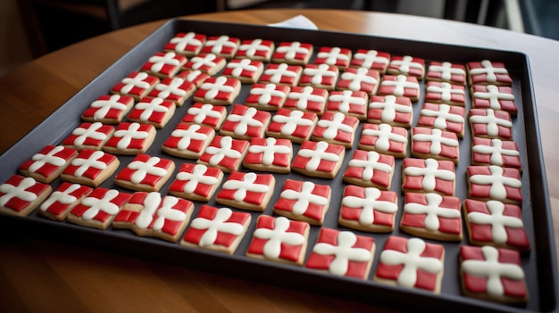 Las galletas con la cruz están decoradas con cruces rojas y blancas.