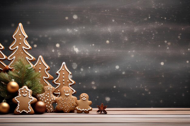 Galletas decorativas y un árbol de Navidad en una mesa de madera