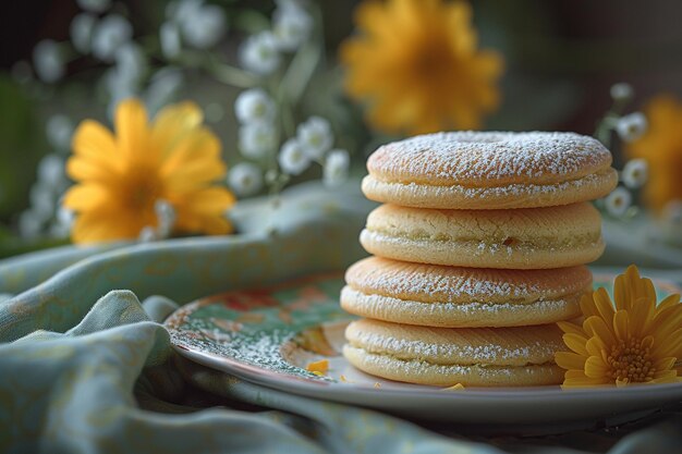 Galletas dulces amarillas y verdes en un plato en un arco de tela