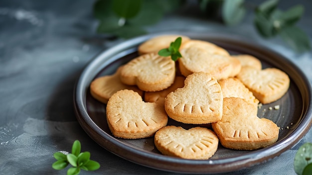 Galletas dulces de cesio en forma de corazón en un plato