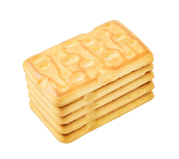 Galletas dulces rectangulares cinco piezas apiladas una en una vista superior aisladas sobre fondo blanco con trazado de recorte