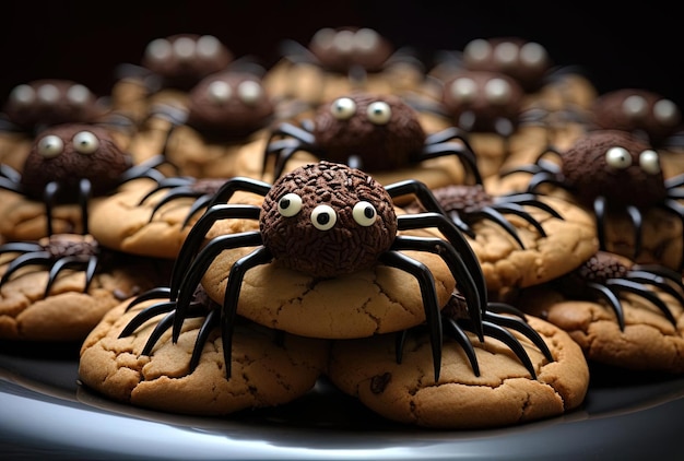 las galletas están decoradas con arañas de chocolate al estilo de perspectiva forzada
