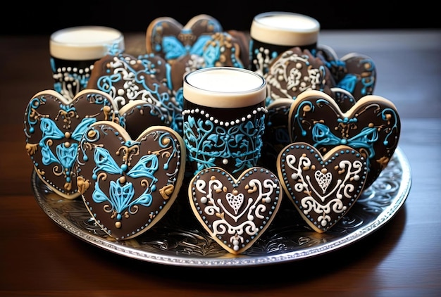 las galletas están decoradas con forma de corazón y una jarra de cerveza al estilo de color marrón oscuro y azul