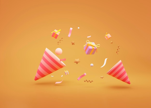 Galletas festivas con estrellas regalo globos dorados y confeti sobre fondo naranja 3d render