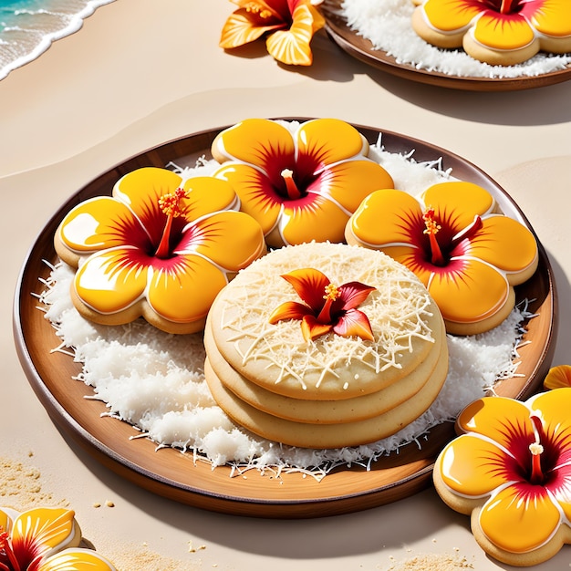 galletas con flores en un plato en la playa