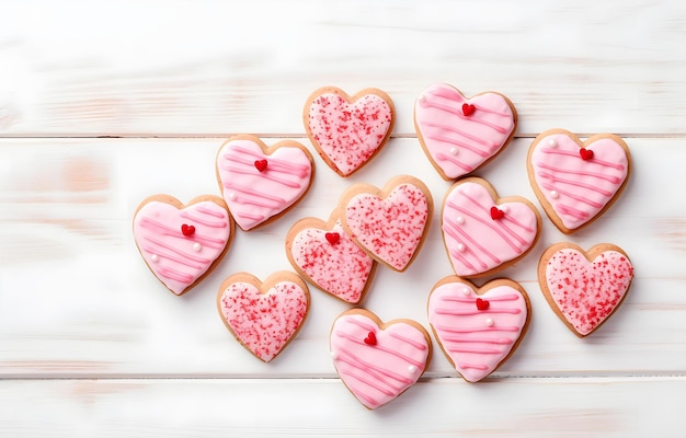 galletas en forma de corazón con crema roja y rosa en la mesa de madera blanca