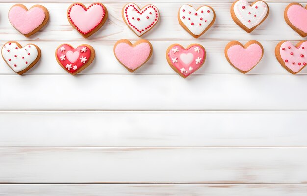 galletas en forma de corazón con crema roja y rosa en la mesa de madera blanca