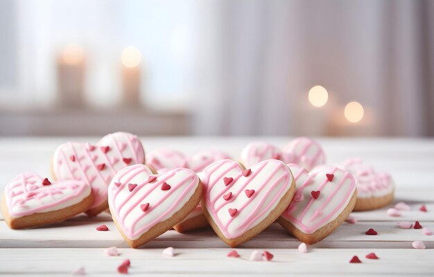 galletas en forma de corazón con crema roja y rosa en tabla de madera blanca