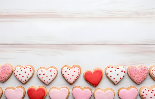 galletas en forma de corazón con crema roja y rosa en tabla de madera blanca