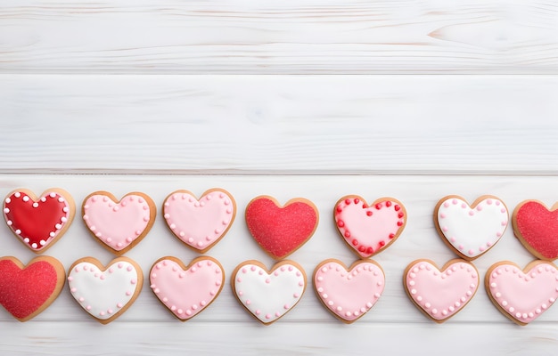 galletas en forma de corazón con crema roja y rosa en tabla de madera blanca