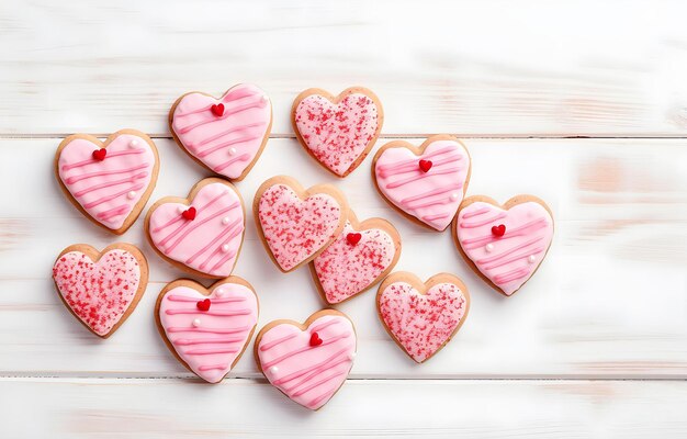 galletas en forma de corazón con crema roja y rosa en tabla de madera blanca