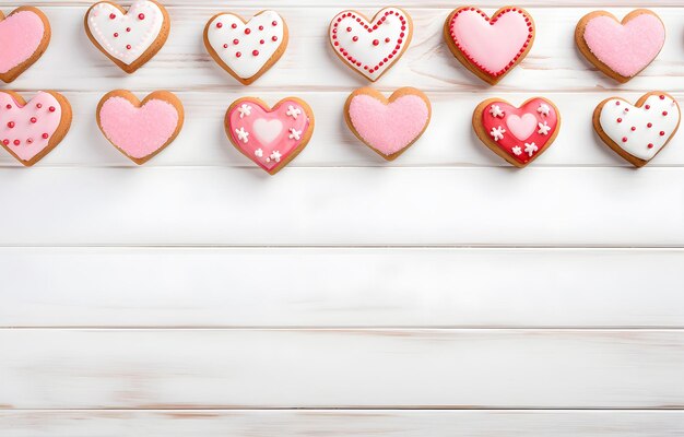 galletas en forma de corazón con crema roja y rosa en tabla de madera blanca
