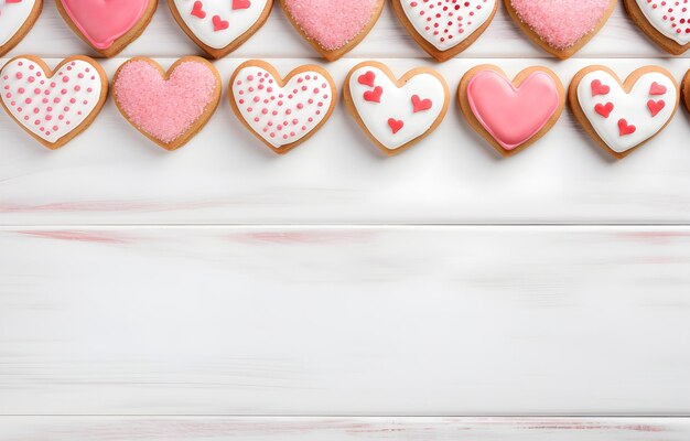 galletas en forma de corazón con crema roja y rosa en tabla de madera blanca