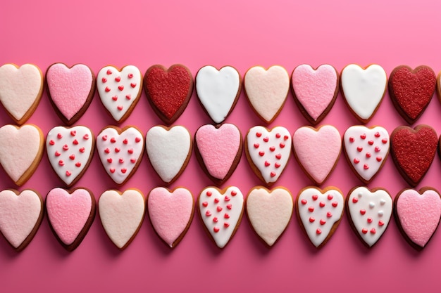 Galletas en forma de corazón decoradas con varios tonos de glaseado en el fondo rosado vívido