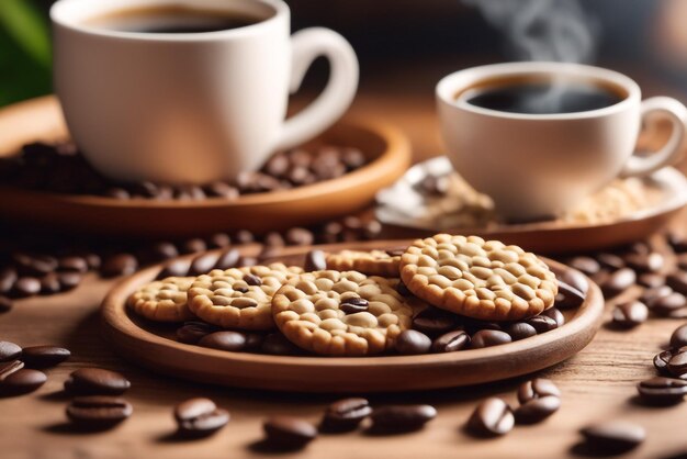 galletas fotográficas con granos de café colocados sobre una placa de madera de fondo de alta calidad