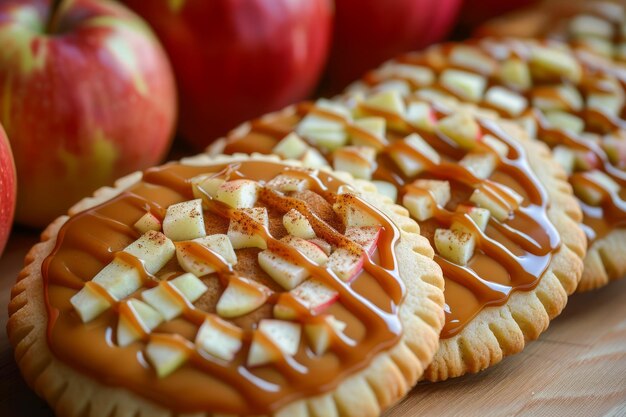 Galletas frescas de manzana salpicadas con caramelo en una mesa de madera deliciosas hechas en casa