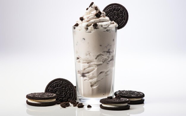 Foto galletas frías y batido de crema sobre un fondo blanco