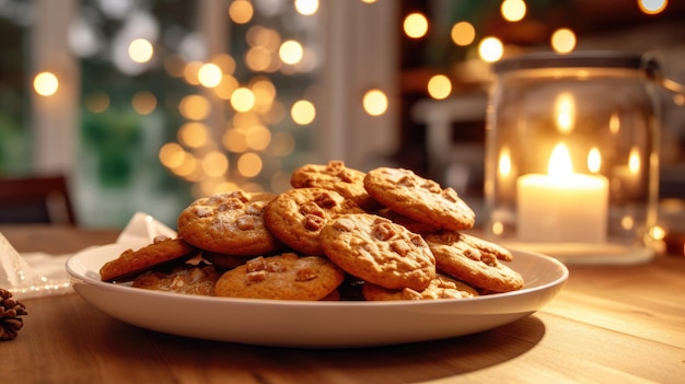 Galletas galletas en un plato con fondo borroso