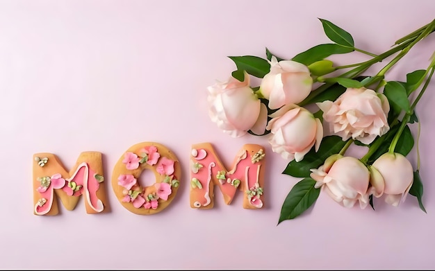 Galletas glaseadas con la palabra MAMÁ y un hermoso ramo de flores sobre un fondo rosa aislado Vista superior Felicitaciones por tu amada madre