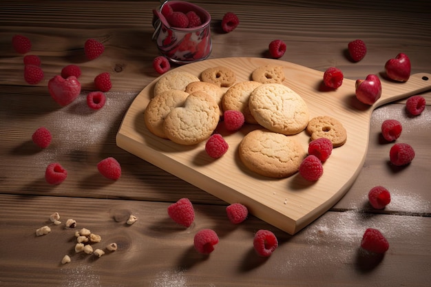 Galletas hechas a mano con frambuesas sobre un fondo de madera IA generativa