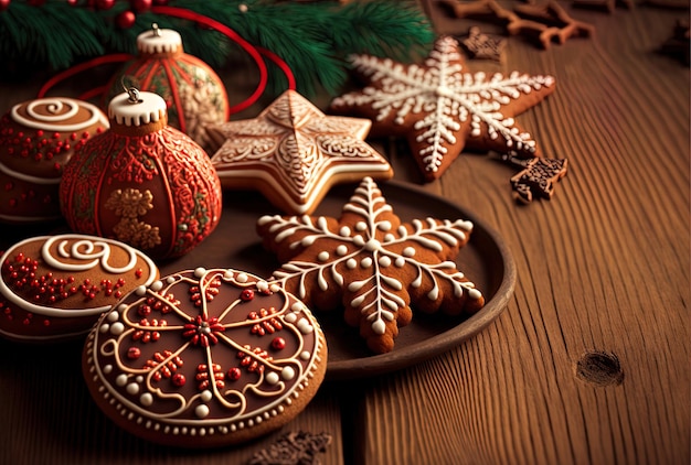 Las galletas de jengibre y los adornos navideños se exhiben en una mesa de madera