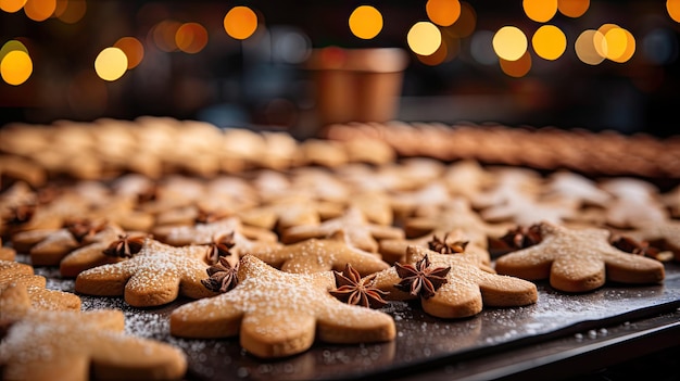 Galletas de jengibre en una bandeja para hornear de cocina sobre un fondo festivo