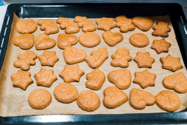 Galletas de jengibre de chocolate recién horneadas en la bandeja para hornear de una bandeja para hornear