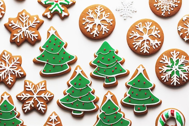 Galletas de jengibre de Navidad sobre fondo blanco vista superior copo de nieve formas de árboles de Navidad