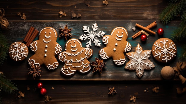 Galletas de jengibre de Navidad sobre fondo de madera vista superior espacio de copia