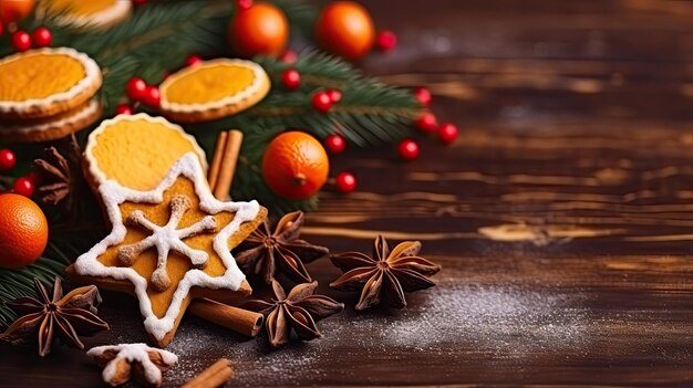 Galletas de jengibre de Navidad sobre fondo de madera