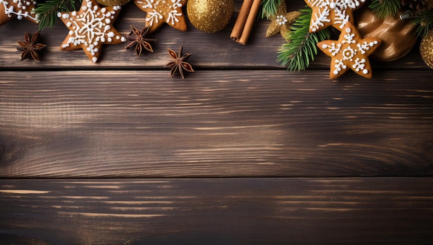 Galletas de jengibre navideñas y especias sobre fondo de madera Vista superior con espacio de copia