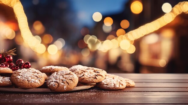 Galletas de jengibre sobre una mesa de madera con el telón de fondo de las luces del mercado navideño Diseño ai