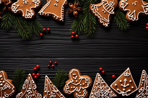 Foto galletas de jengibre sombreros de papá noel y ramas de pino en madera