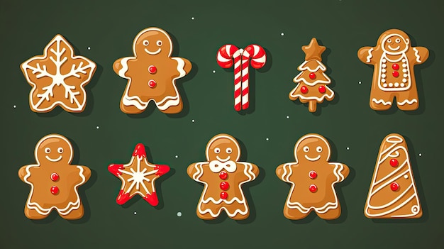 Galletas de jengibre vectoriales con símbolos navideños clásicos como hombres de jengibre y bastones de caramelo